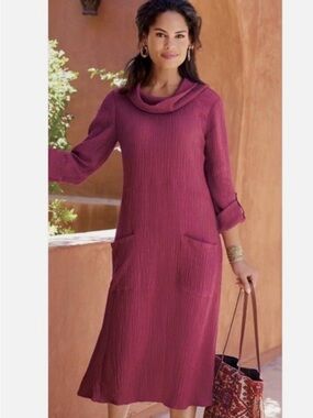 Soft Surroundings Long Sleeve Cowl-Neck Midi Dress in Plum M